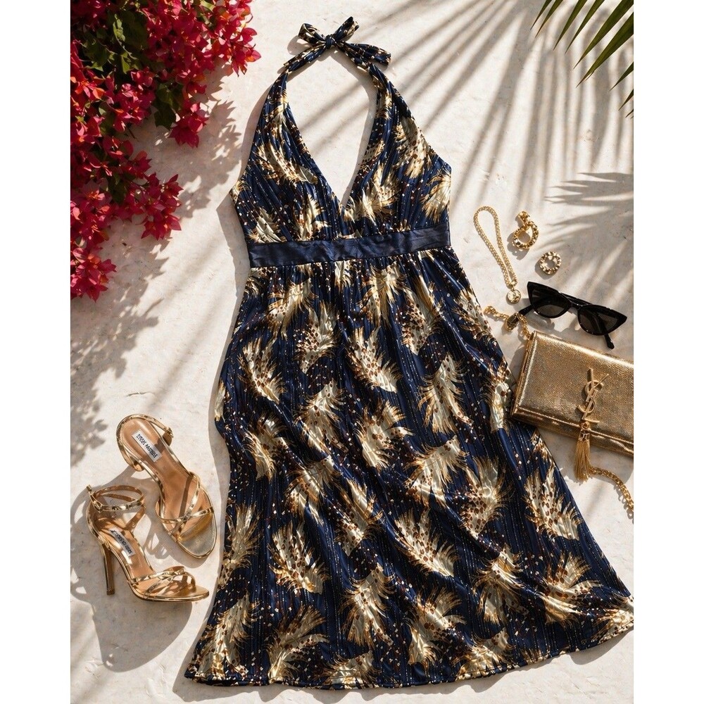 Silk Slip Dress Bias Cut Halter Metallic Navy Gold Wiggle Cocktail Party NWT